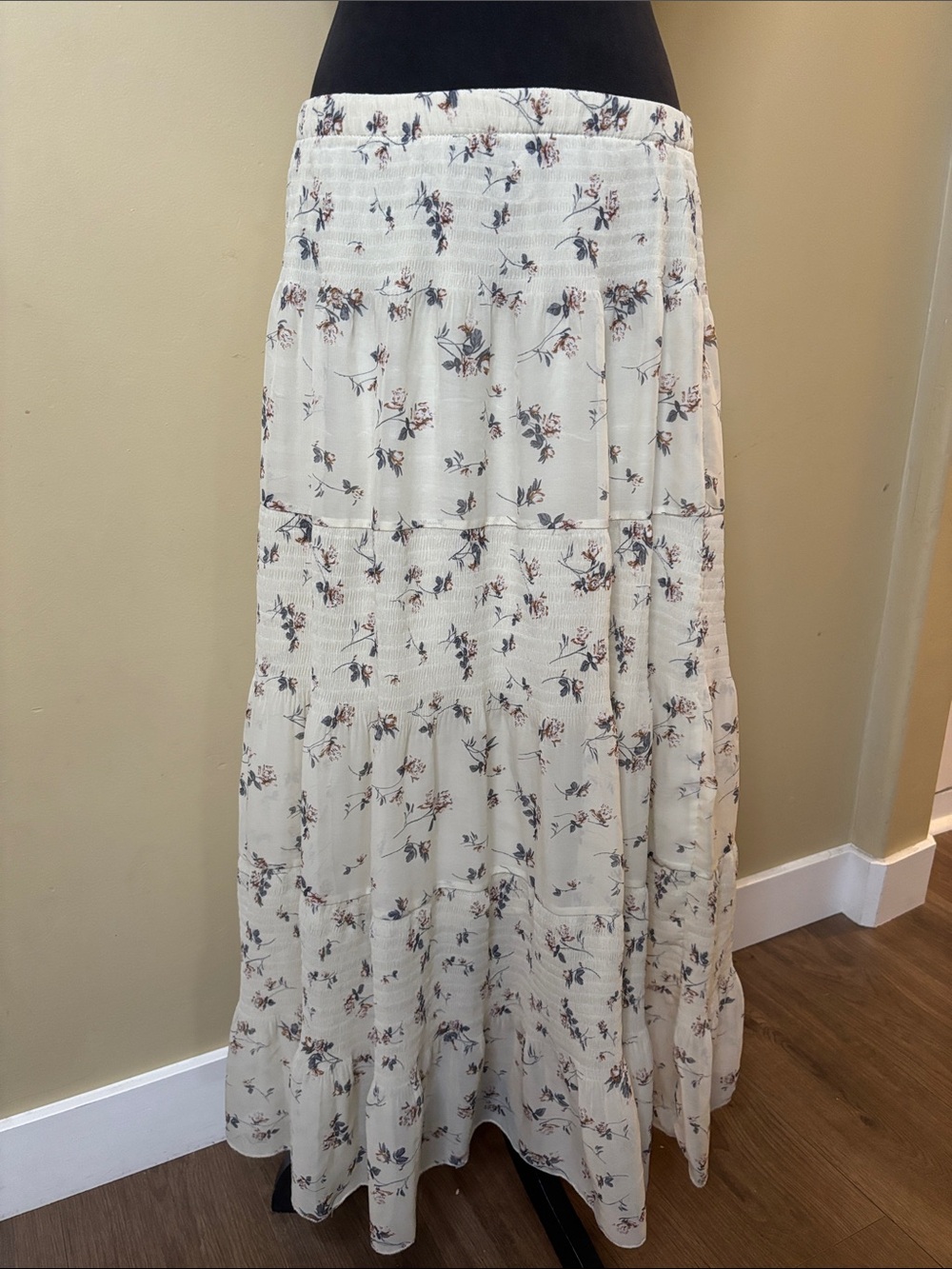 NASHALYLY Floral Tiered Maxi Skirt - Cream with Blue & Brown Floral